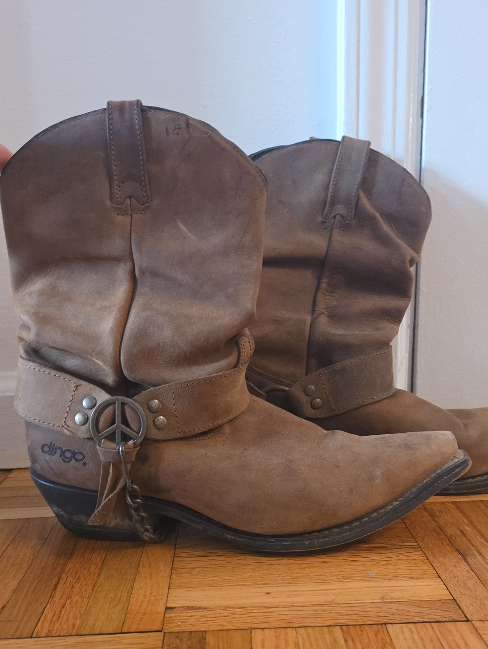 dingo Brown Western Harness Boots with Peace Charm